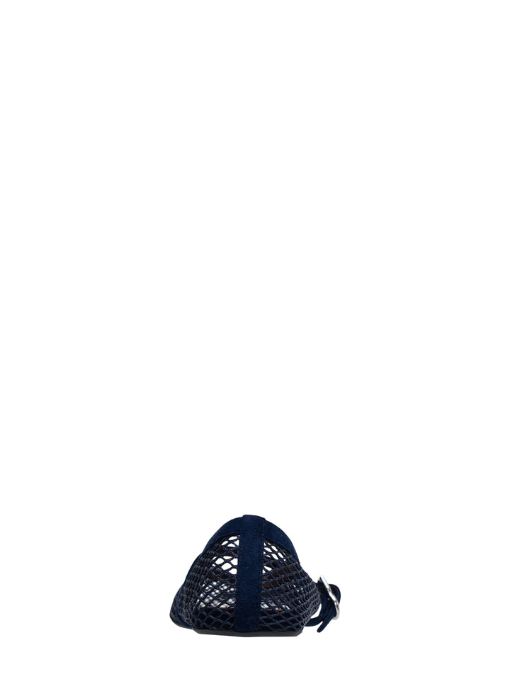 Alaïa navy fishnet Mary Jane flat with suede D-ring buckle strap and square toe, side view - view 3