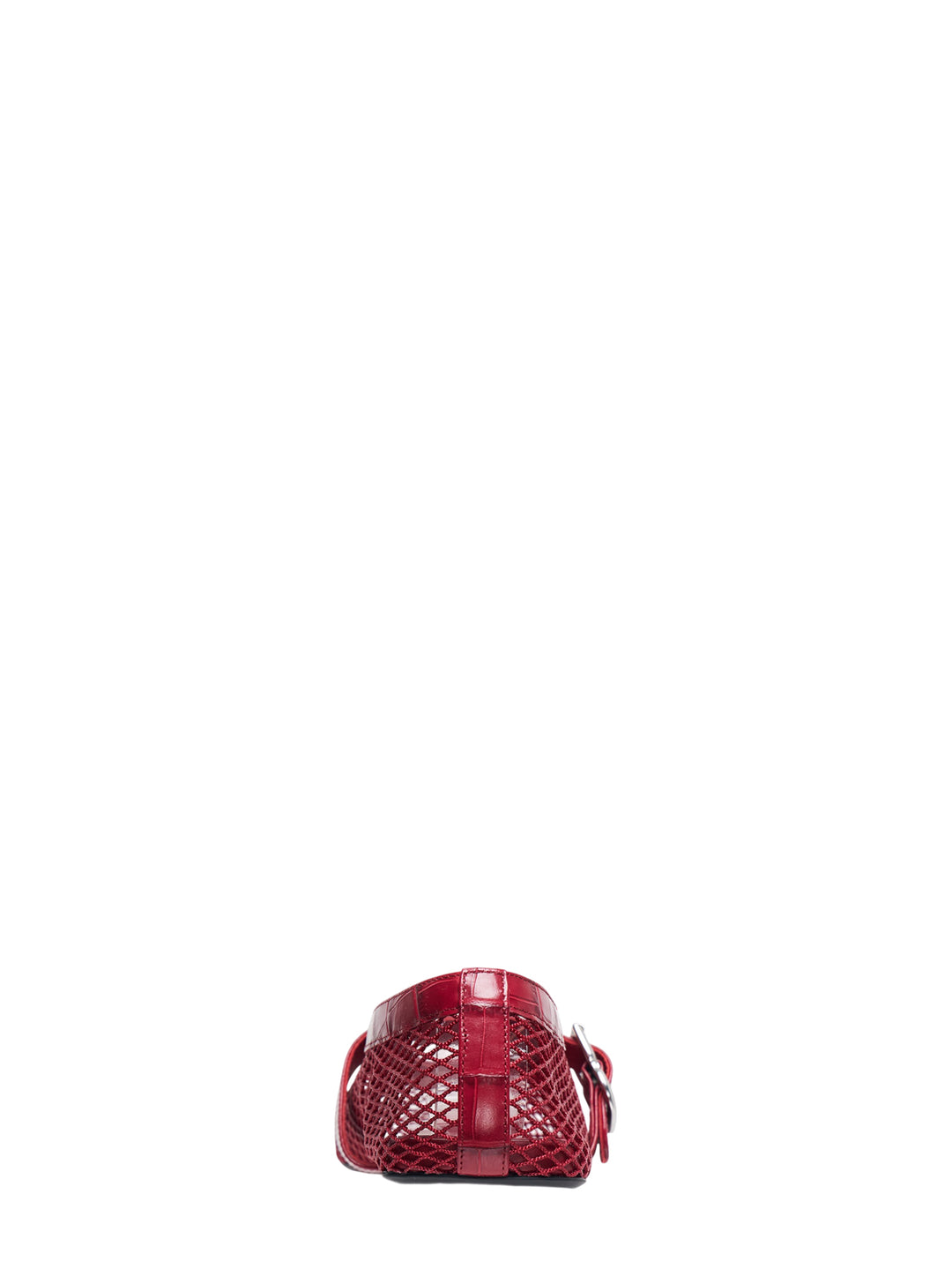 Alaïa La Ballerine flat shoe in red fishnet mesh with croc-embossed leather trim and silver buckle strap, pointed toe silhouette, side view - view 3