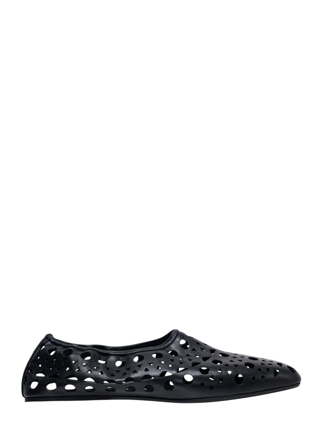 Alaïa Neo Vienne black nappa lambskin flat shoe with all-over laser-cut perforations and a rounded square toe, shown in profile view