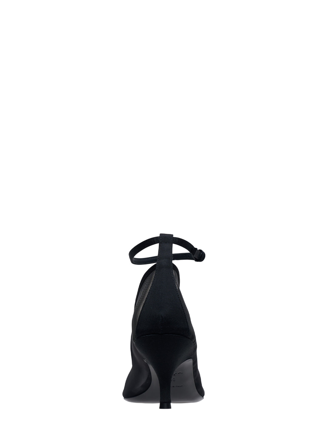 Alaïa black tulle and grosgrain kitten heel pump with adjustable ankle strap, pointed toe, and approx. 60mm heel, shown in profile on white background - view 3