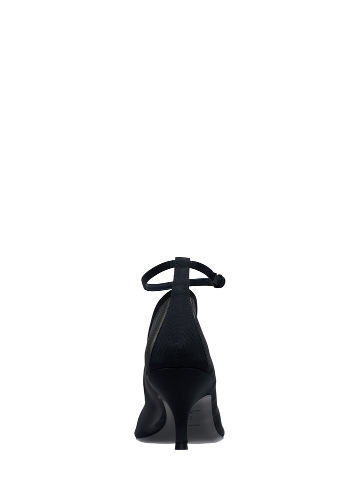 Alaïa black tulle and grosgrain kitten heel pump with adjustable ankle strap, pointed toe, and approx. 60mm heel, shown in profile on white background - view 3