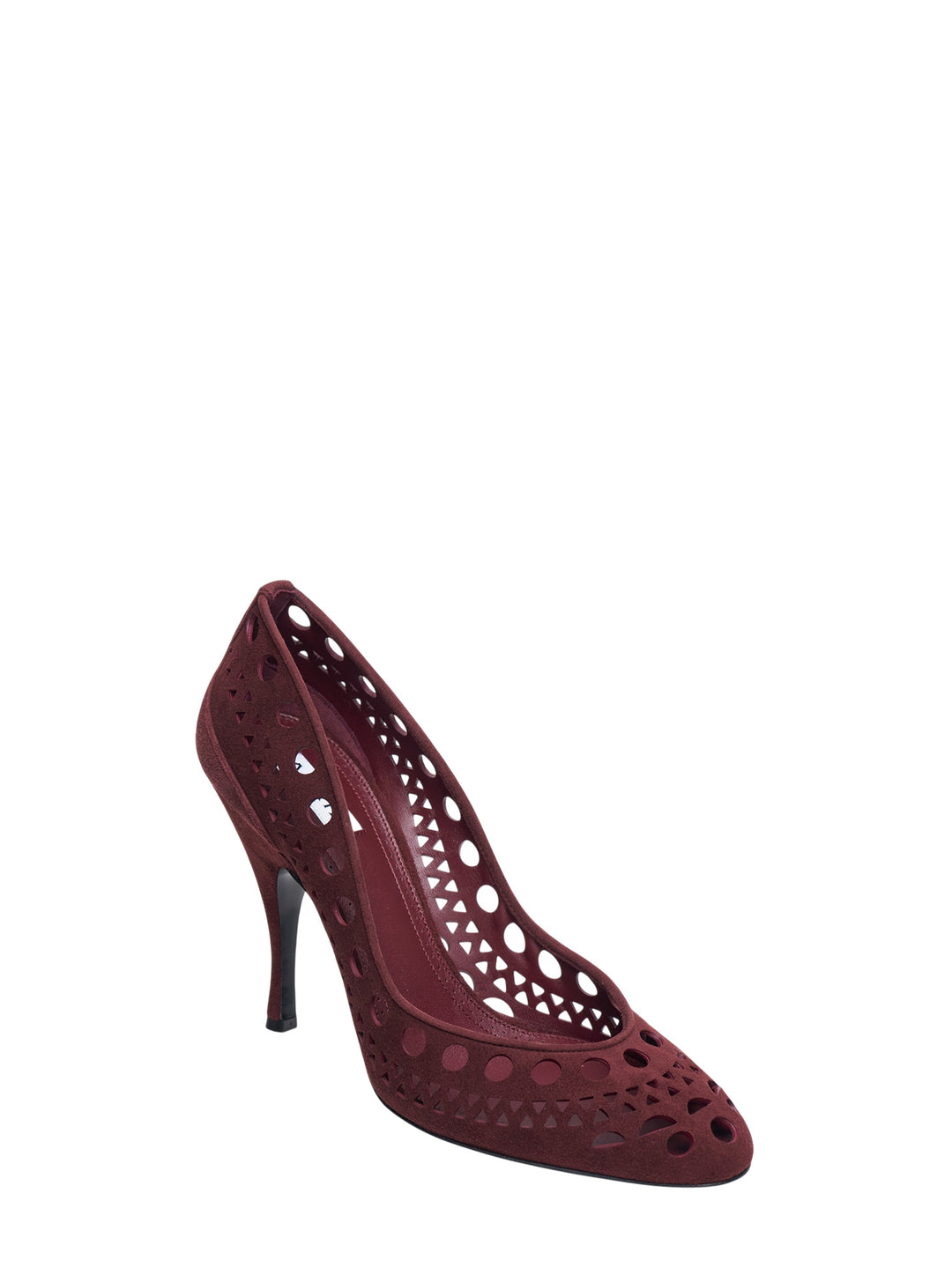 Alaïa Vienne Suede Pumps 100 in deep burgundy with laser-cut circle and triangle perforations across the upper, pointed toe, and a slender 100mm stiletto heel, side profile view - view 2