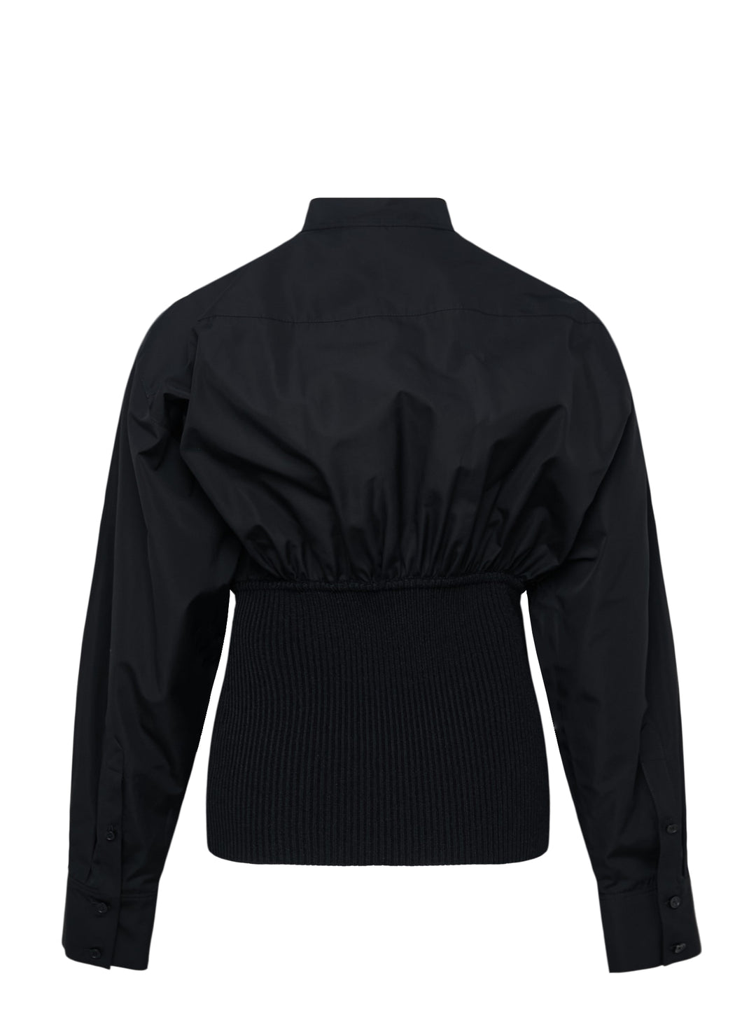 Alaïa Cinched Cotton Poplin Shirt in black, featuring a voluminous poplin upper, mandarin collar with button fastening, long sleeves, and a structured ribbed knit cinched waistband - view 2