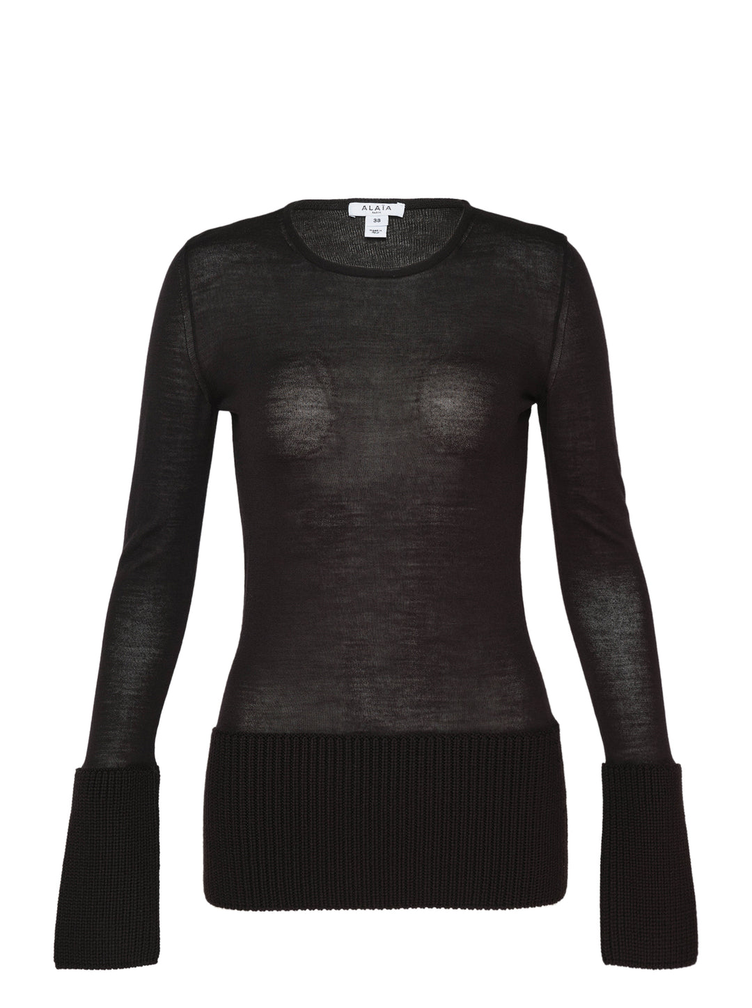 Alaïa long sleeve multi-gauge crew neck top in black sheer fine knit with contrast chunky ribbed hem and oversized turned-back cuffs, front view on white background