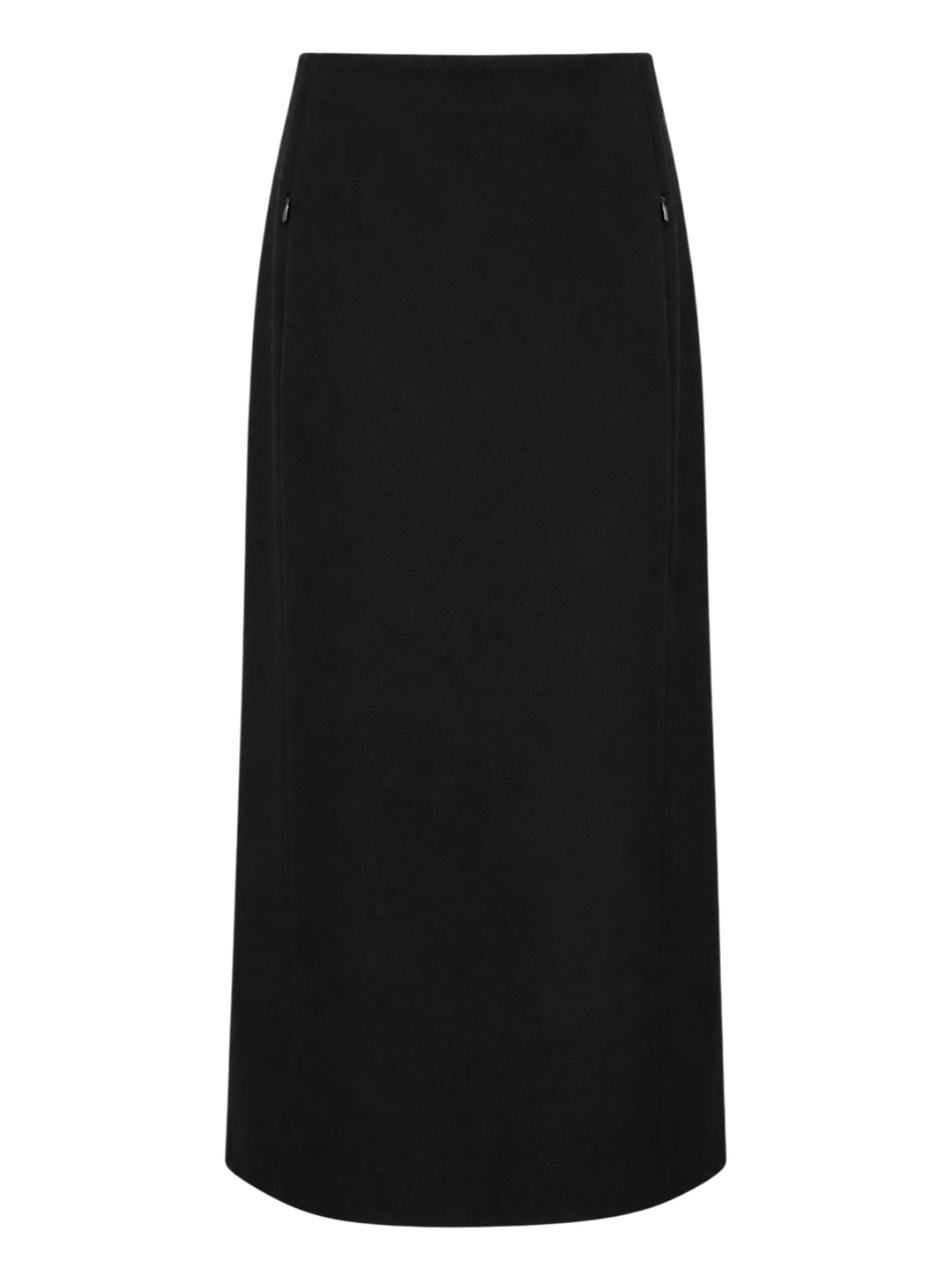 Alaïa black light felted wool pencil skirt with high waistband, zip-detail side pockets, and a midi-length A-line silhouette