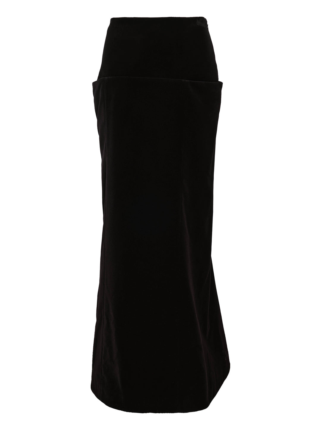 Alaïa black cotton velvet column maxi skirt with structured wide waistband, hip patch pockets, and a subtle flare at the hem, shown on a white background