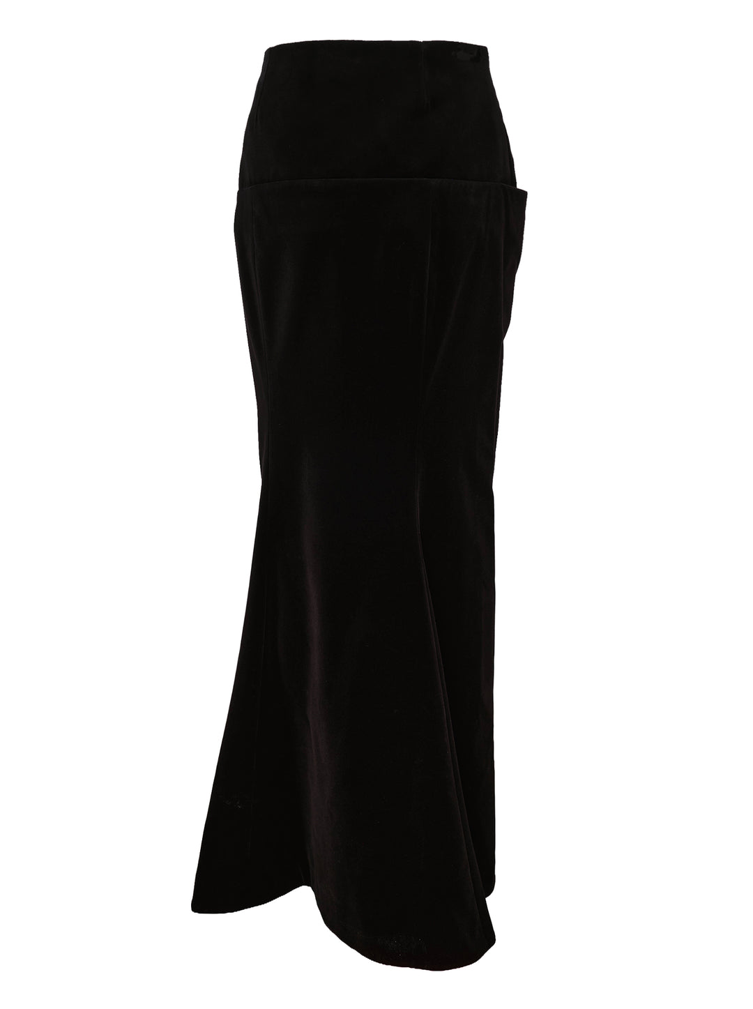 Alaïa black cotton velvet column maxi skirt with structured wide waistband, hip patch pockets, and a subtle flare at the hem, shown on a white background - view 2