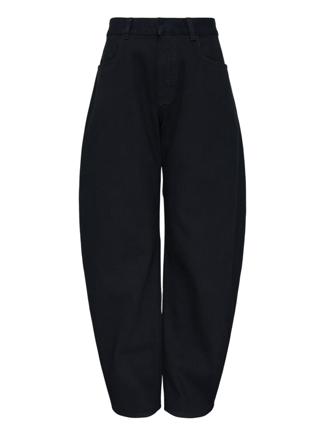 Alaïa round black denim jeans with a high waist and sculpted curved leg, shown front view