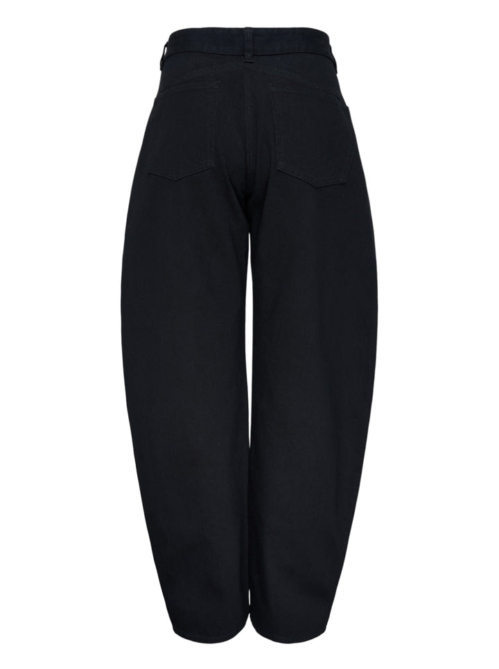 Alaïa round black denim jeans with a high waist and sculpted curved leg, shown front view - view 2