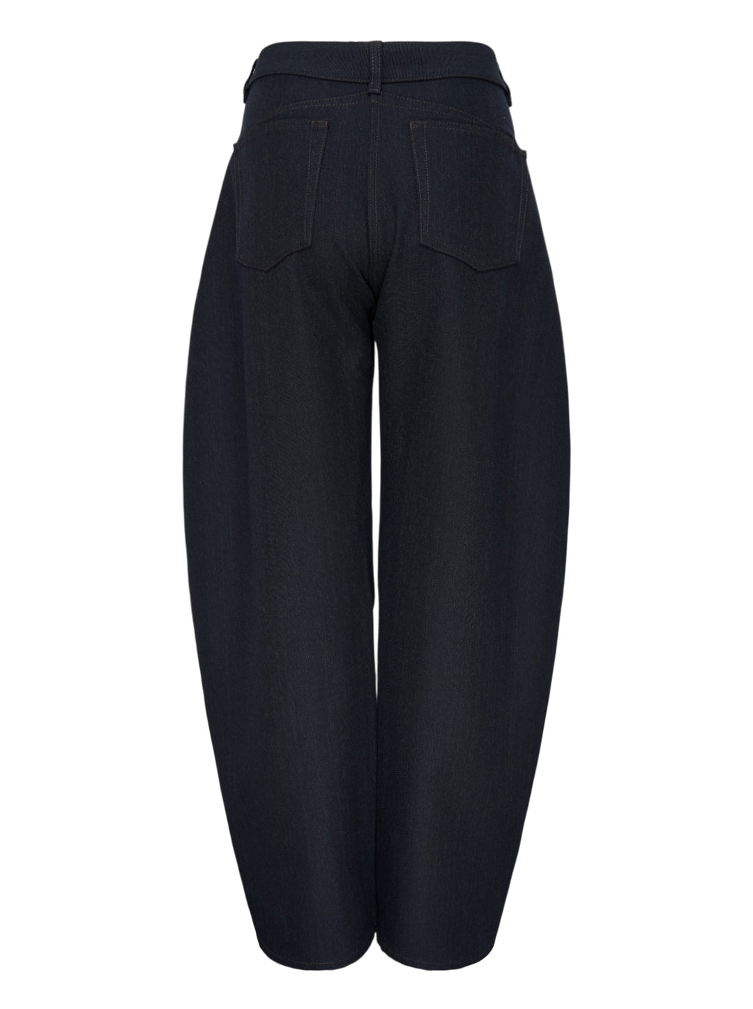 Alaïa round pants in dark navy wool denim with a high waist, curved barrel leg and contrast topstitching, shown from the front - view 2