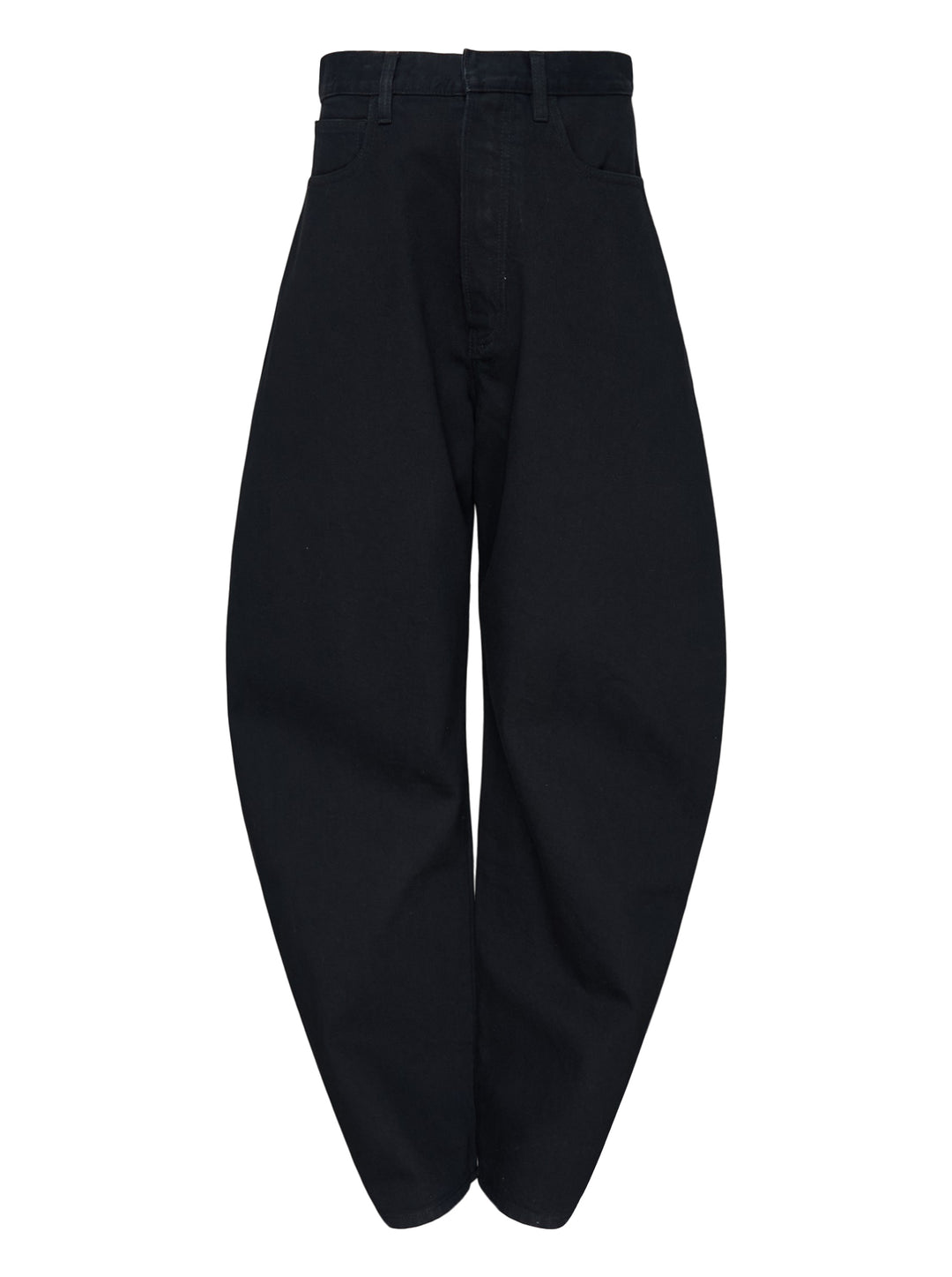 Alaïa black denim round pants with a high waist, five-pocket design and sculpted curved leg, shown from the front