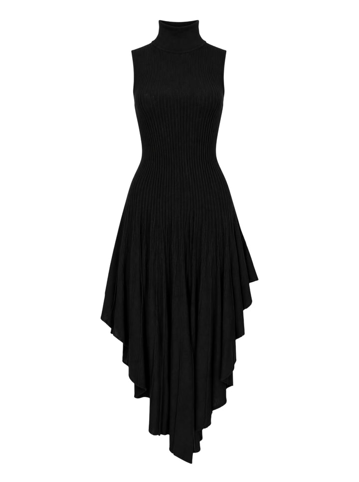 Alaïa black 3D sculpting ribbed knit turtleneck dress with asymmetric pleated handkerchief hem, front view on white background