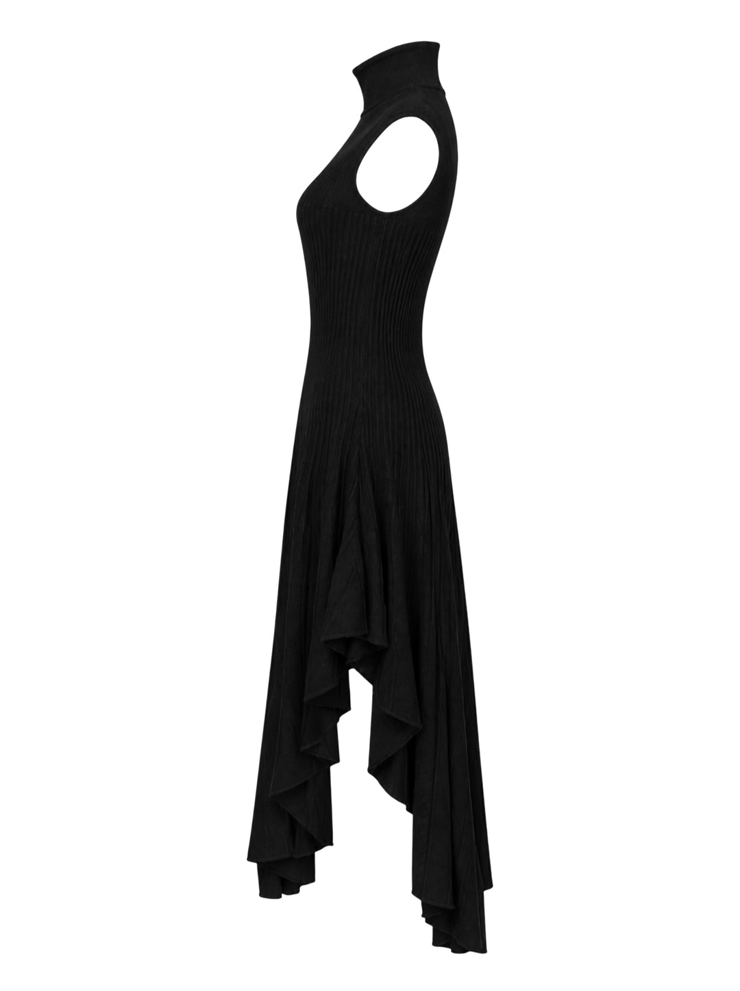 Alaïa black 3D sculpting ribbed knit turtleneck dress with asymmetric pleated handkerchief hem, front view on white background - view 3