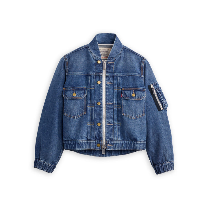 sacai x Levi's women's blue denim blouson jacket with bomber collar, exposed front zip, gold buttons, chest flap pockets and sleeve zip pocket