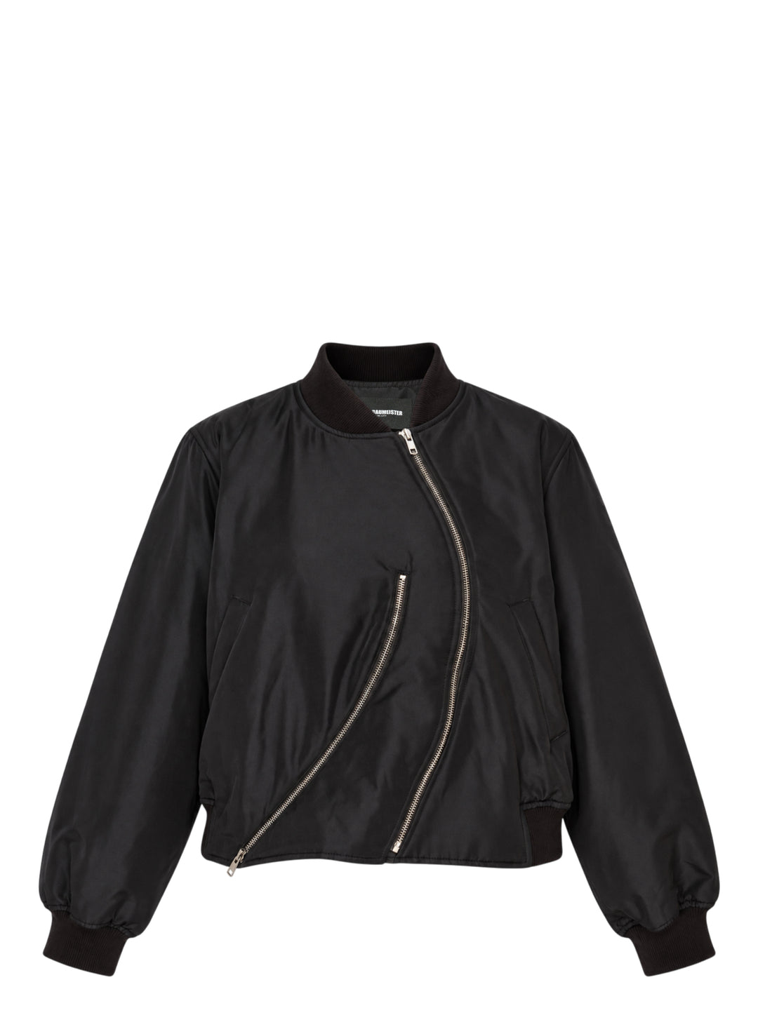 Melitta Baumeister black Round Bomber Jacket with curved asymmetric zip and ribbed collar, cuffs and hem