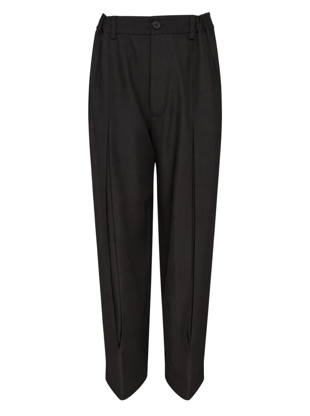 Melitta Baumeister Tailored Pointy Hem Pants in black, featuring raised front seam lines and a signature pointed hem extending at each leg, with a high-rise single-button waistband — front view on white background