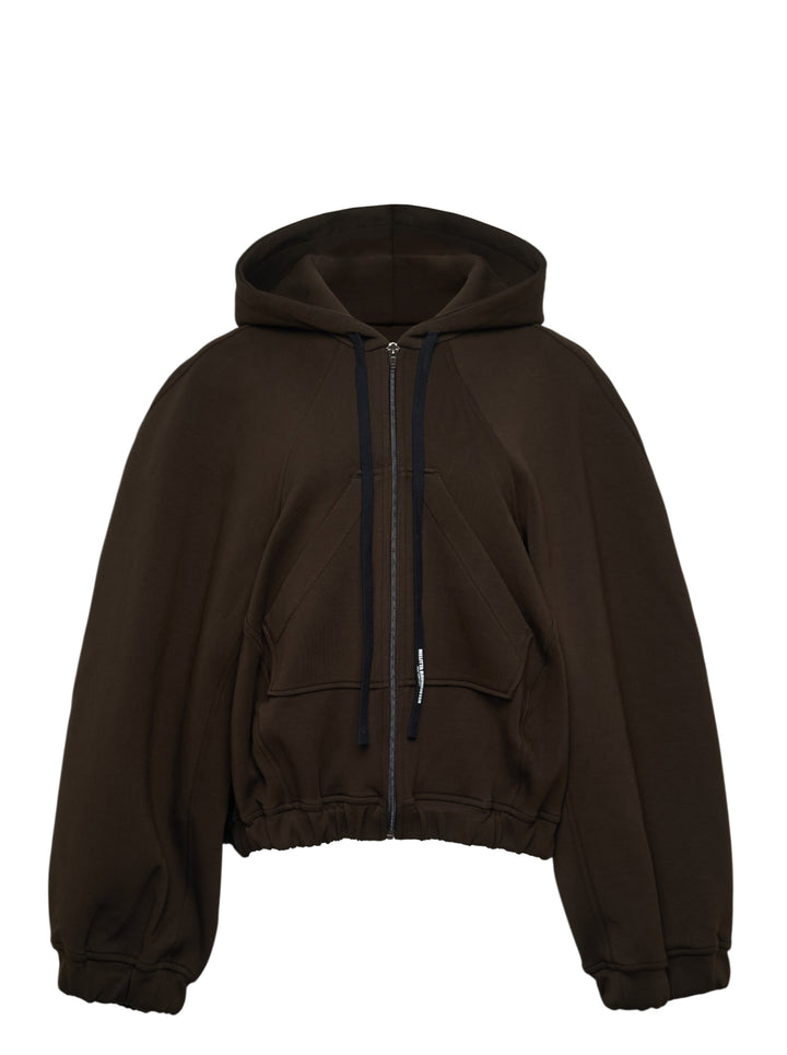 Melitta Baumeister Ball Zip Up Hoodie in dark espresso brown, featuring oversized balloon sleeves, full-length zip, navy drawstring ties, and elasticated ruched hem