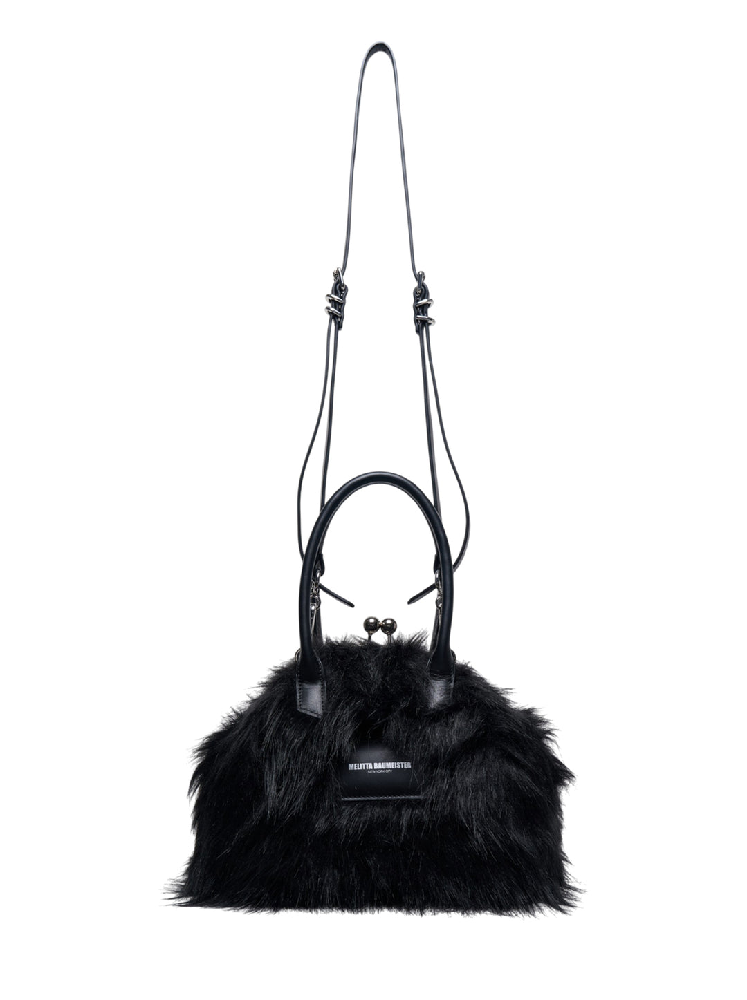 Melitta Baumeister Fluffy Clasp Bag in black long-pile faux fur with kiss-lock clasp, leather top handles, and adjustable crossbody strap