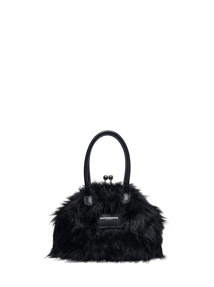 Melitta Baumeister Fluffy Clasp Bag in black long-pile faux fur with kiss-lock clasp, leather top handles, and adjustable crossbody strap - view 3