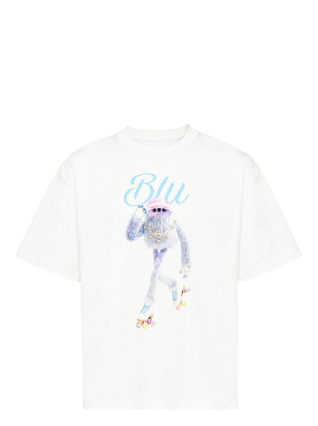 The Fluffadoos Blu Name Story Tee in white, featuring a printed illustration of a fuzzy blue creature wearing roller skates, a gold chain, and a pink visor, with 'Blu' in sky blue script above