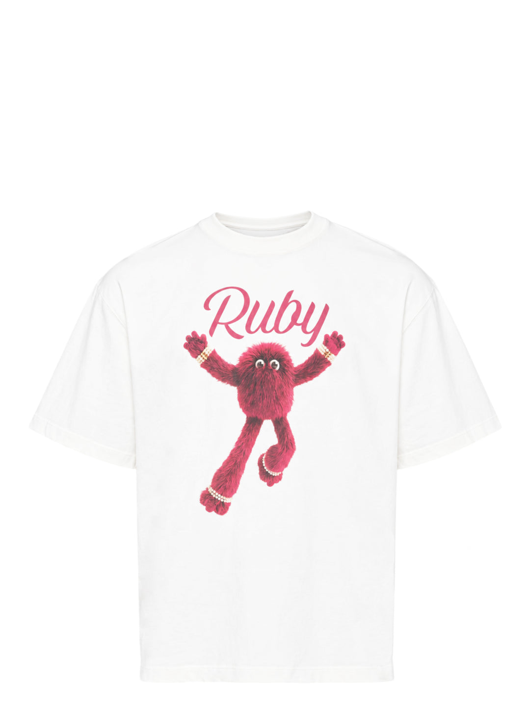 The Fluffadoos Ruby Name Story Tee in white, featuring a large graphic of the ruby-red furry Ruby character with pearl accessories and cursive 'Ruby' script lettering on the front