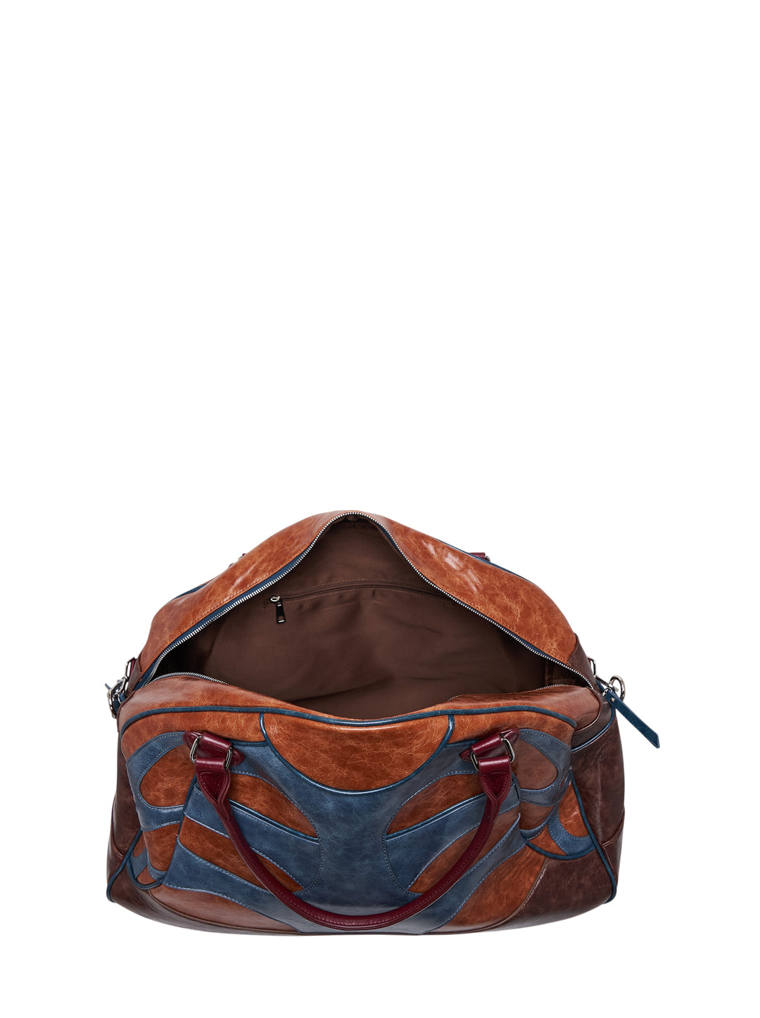 KidSuper Studios bowling bag in blue and tan patchwork faux leather with burgundy top handle and shoulder strap - view 3