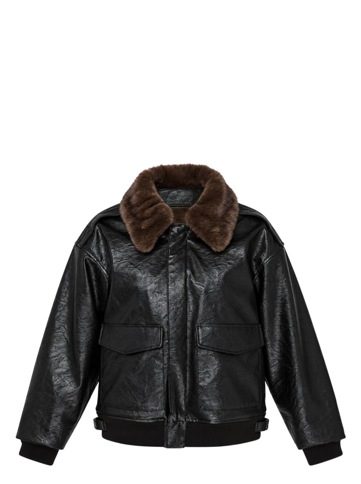 Glowny black crinkled leather aviator jacket with brown faux-fur collar, front flap pockets and ribbed cuffs and hem