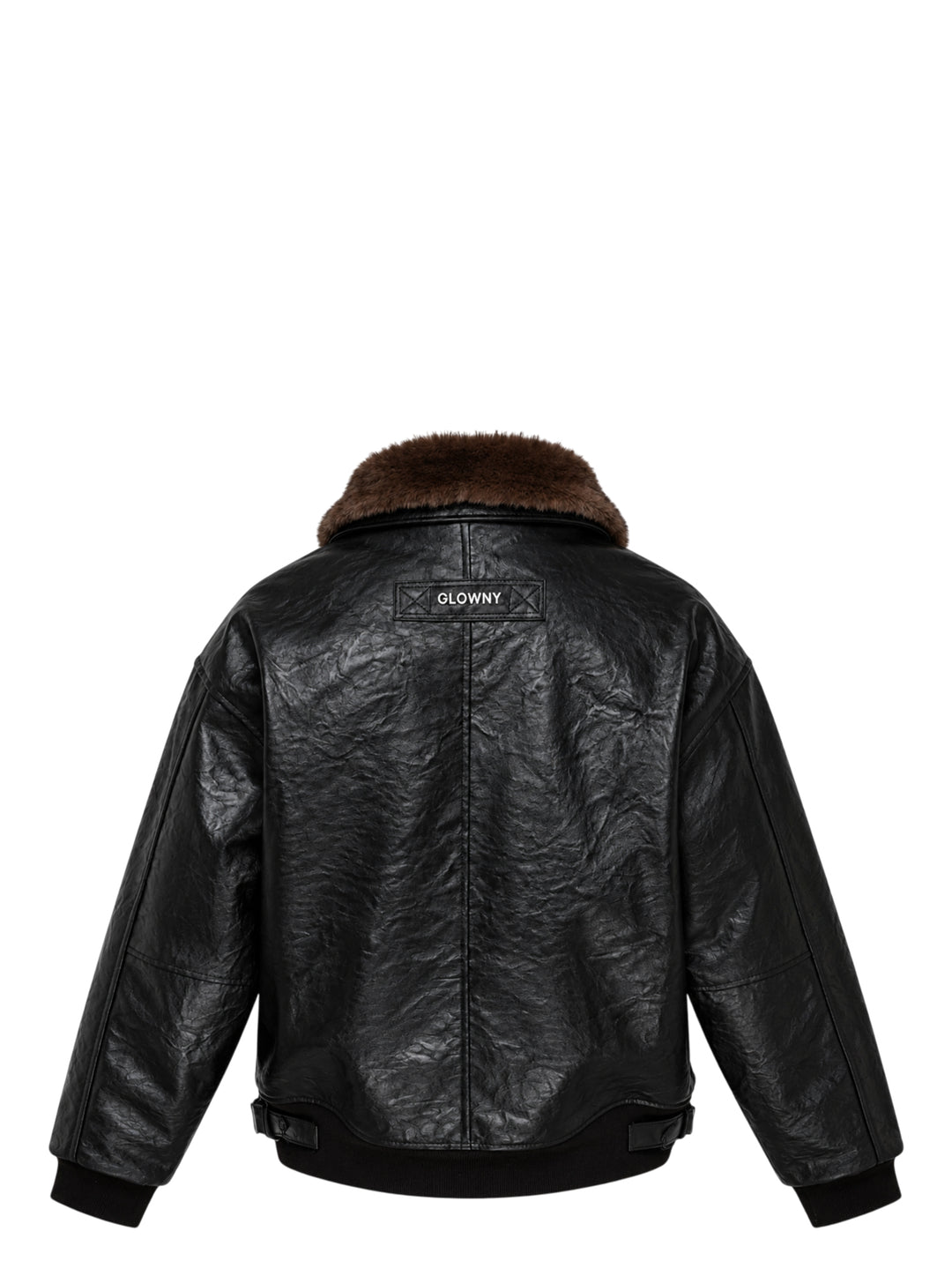 Glowny black crinkled leather aviator jacket with brown faux-fur collar, front flap pockets and ribbed cuffs and hem - view 2