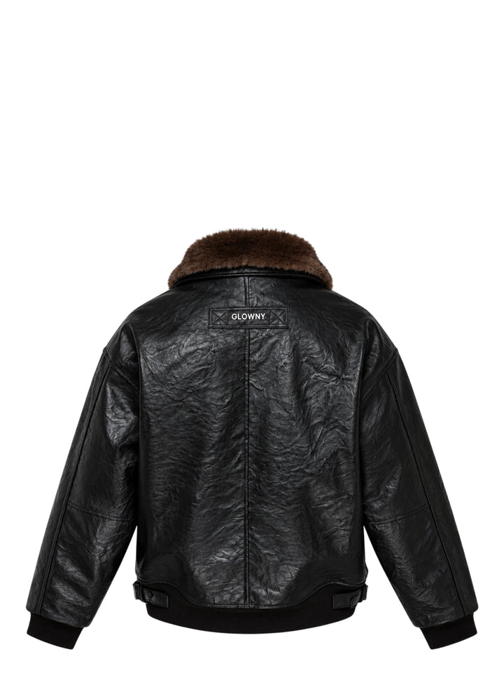 Glowny black crinkled leather aviator jacket with brown faux-fur collar, front flap pockets and ribbed cuffs and hem - view 2