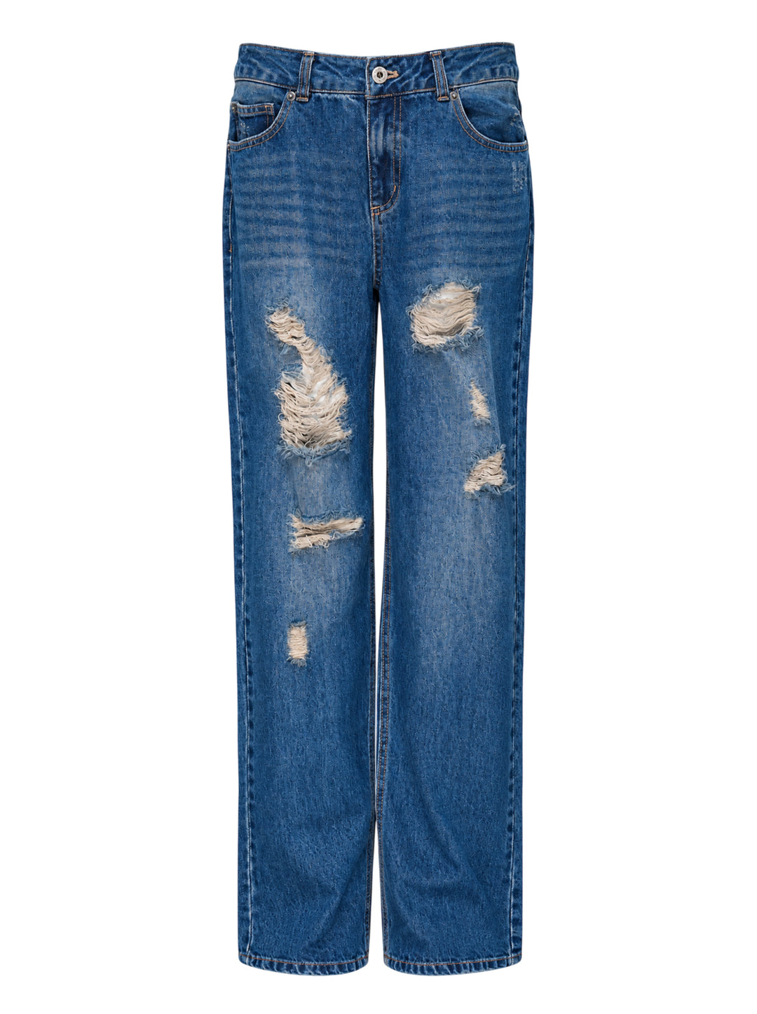 Glowny mid-blue distressed straight-leg jeans with frayed rips across the thighs and knees, shown front view