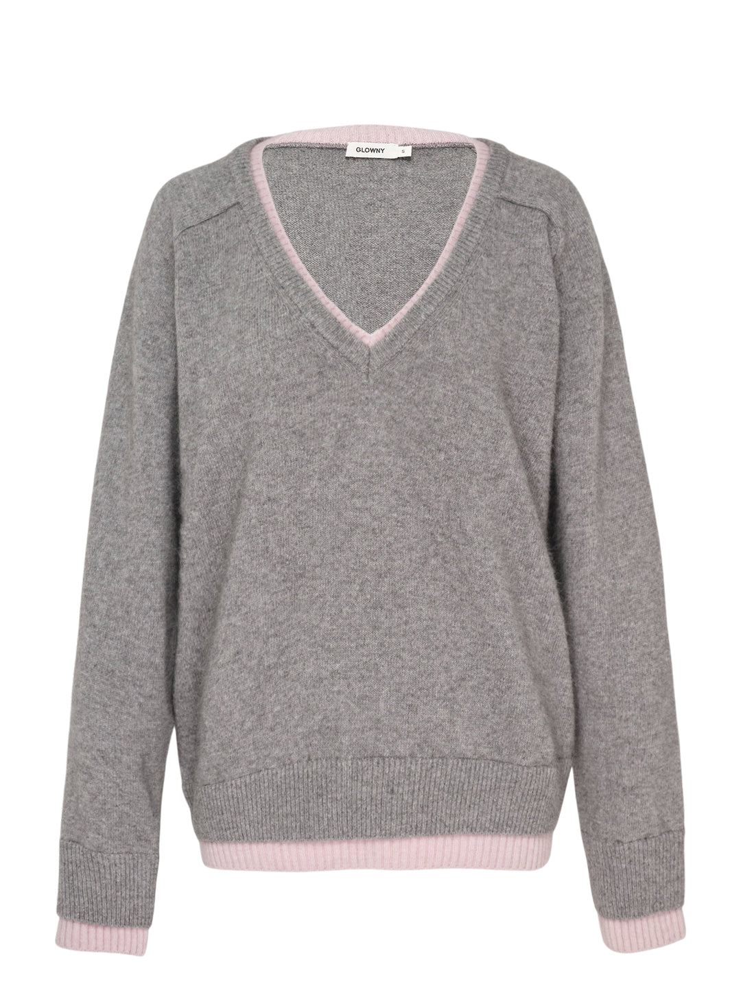 Glowny Raccoon Hazy Layered V-Neck Sweater in heather grey with blush pink contrast trim at the neckline, hem, and cuffs, displayed on a white background