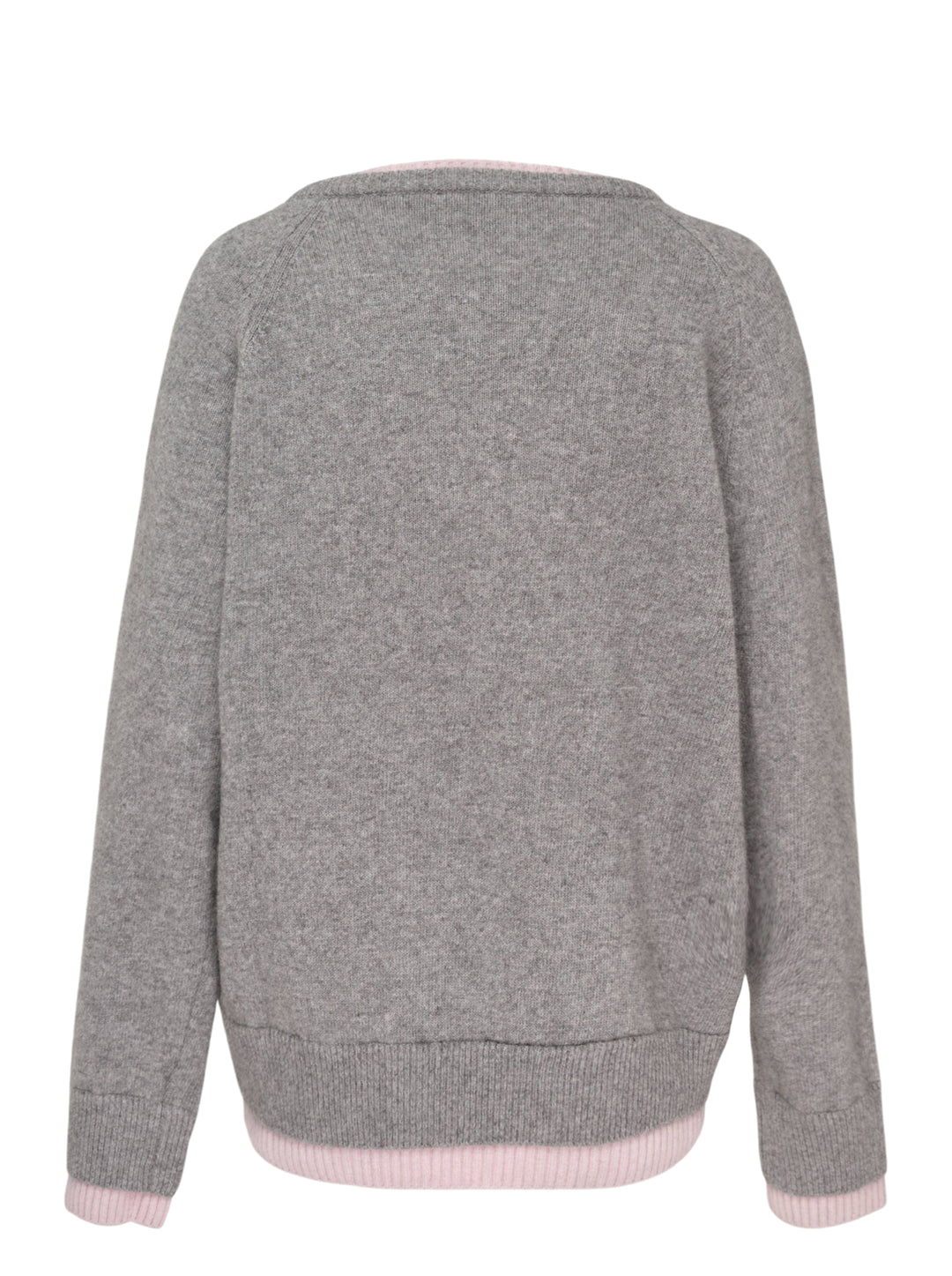 Glowny Raccoon Hazy Layered V-Neck Sweater in heather grey with blush pink contrast trim at the neckline, hem, and cuffs, displayed on a white background - view 2