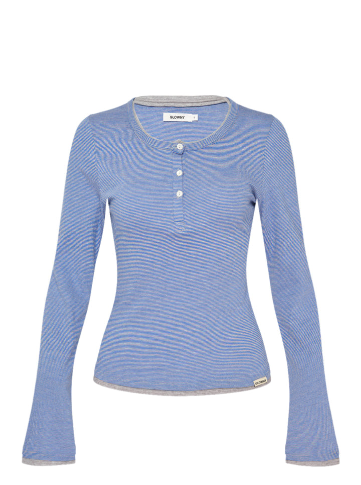 Glowny Roan Layered Long Sleeve Tee in blue and grey fine stripe with contrast grey neckline and cuff trim, three-button henley placket, and flared sleeve hem