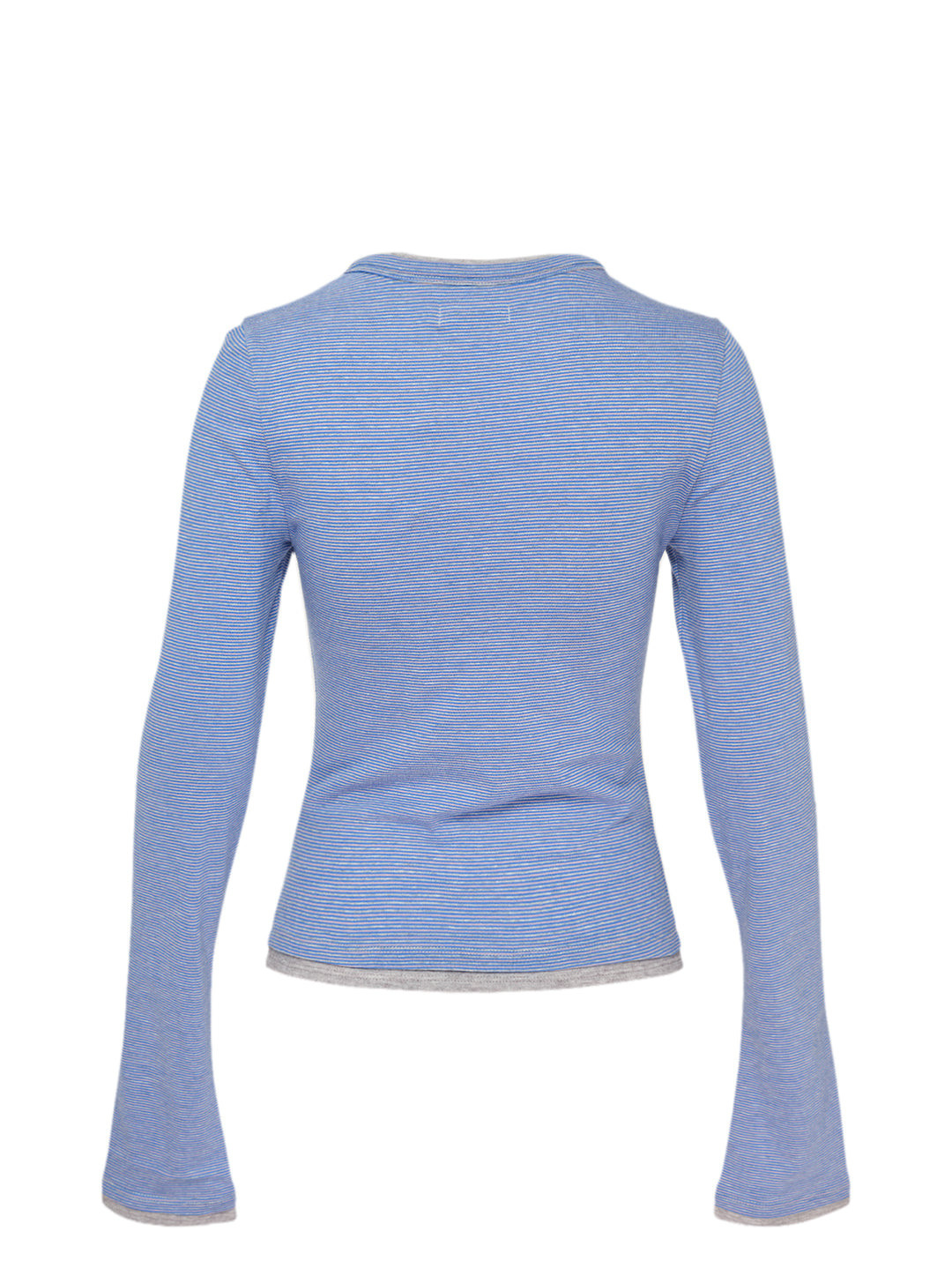 Glowny Roan Layered Long Sleeve Tee in blue and grey fine stripe with contrast grey neckline and cuff trim, three-button henley placket, and flared sleeve hem - view 2
