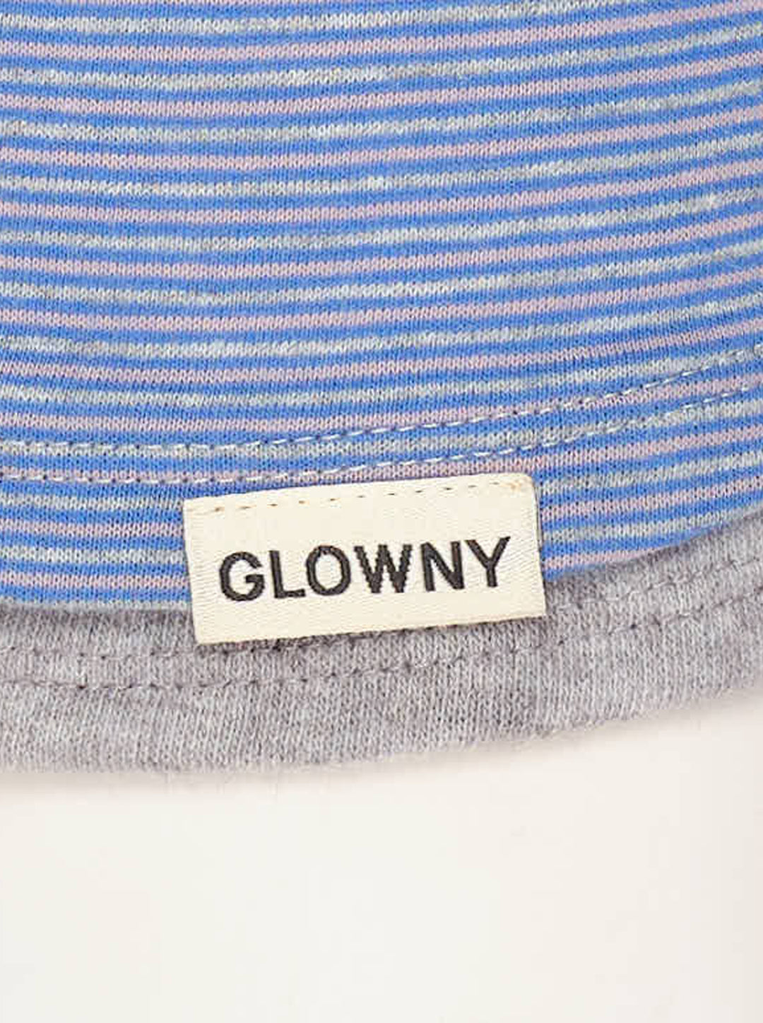 Glowny Roan Layered Long Sleeve Tee in blue and grey fine stripe with contrast grey neckline and cuff trim, three-button henley placket, and flared sleeve hem - view 3