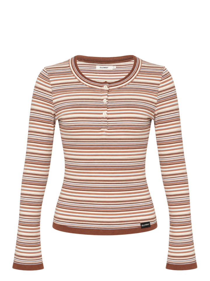 Glowny Roan Layered Long Sleeve Tee in multicolour horizontal stripe ribbed knit with button placket, flared cuffs, and contrast brown trim at neckline and hem