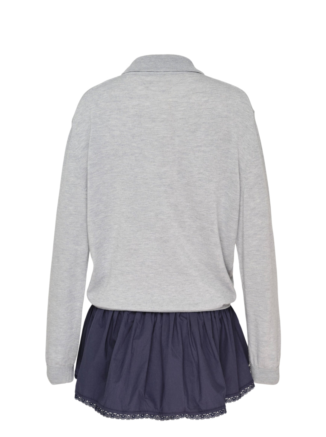 Glowny Nest Polo Mini Dress in grey marl knit with a ribbed polo collar, three-button placket, drawstring waist, and a navy pleated skirt panel with lace hem trim - view 2