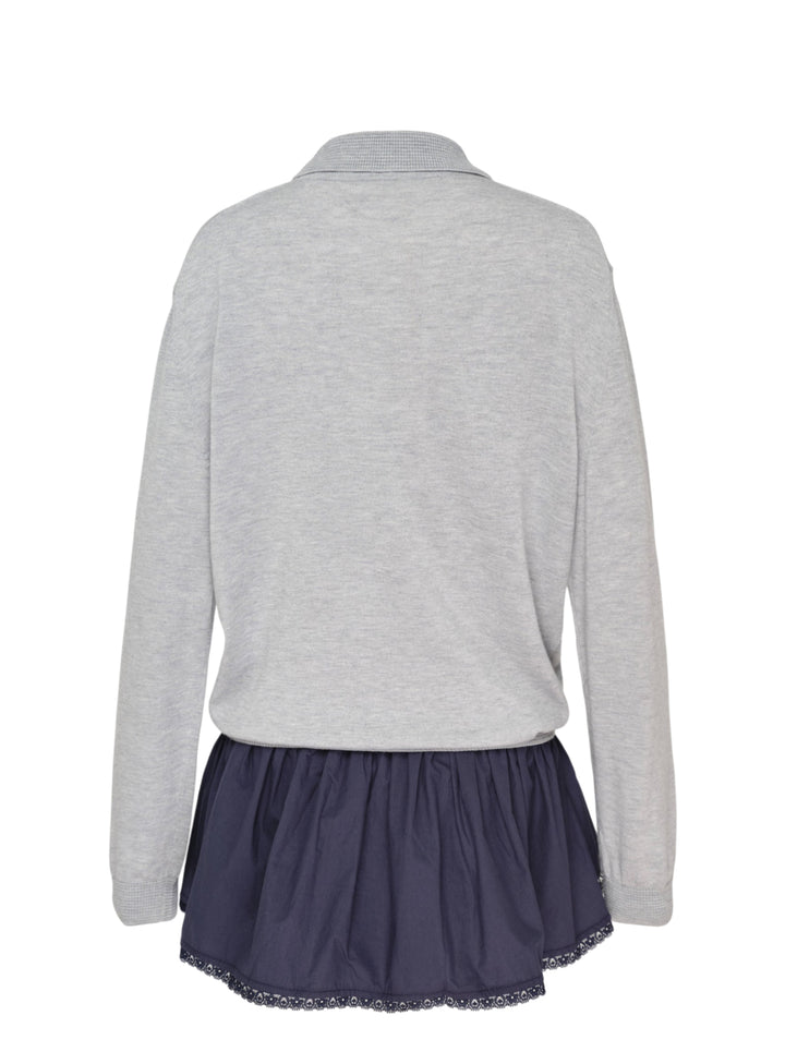 Glowny Nest Polo Mini Dress in grey marl knit with a ribbed polo collar, three-button placket, drawstring waist, and a navy pleated skirt panel with lace hem trim - view 2