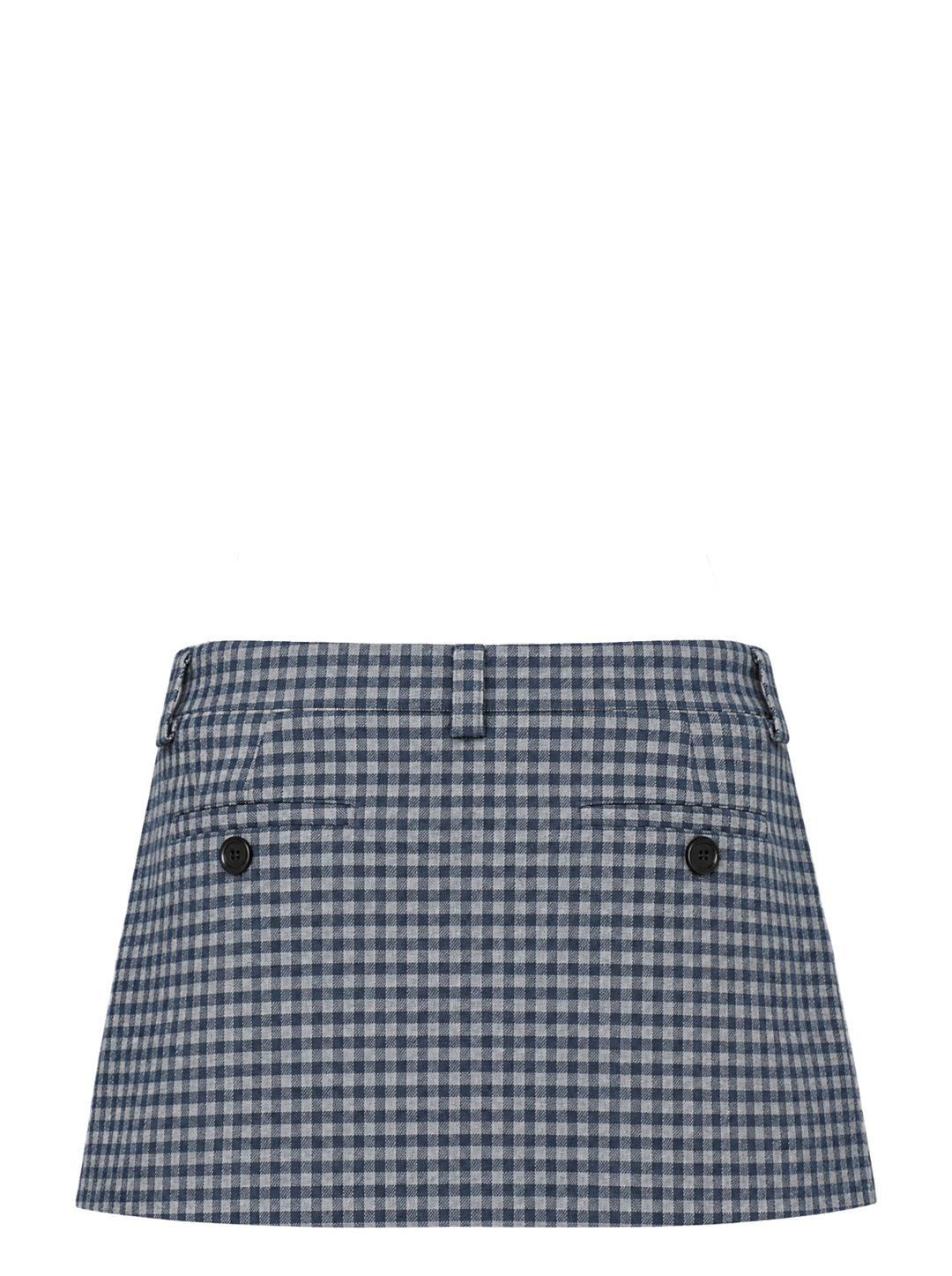 Glowny Polly Wrap Skorts in navy and white gingham check, showing structured waistband with button fastening and welt back pocket, laid flat on white background - view 2