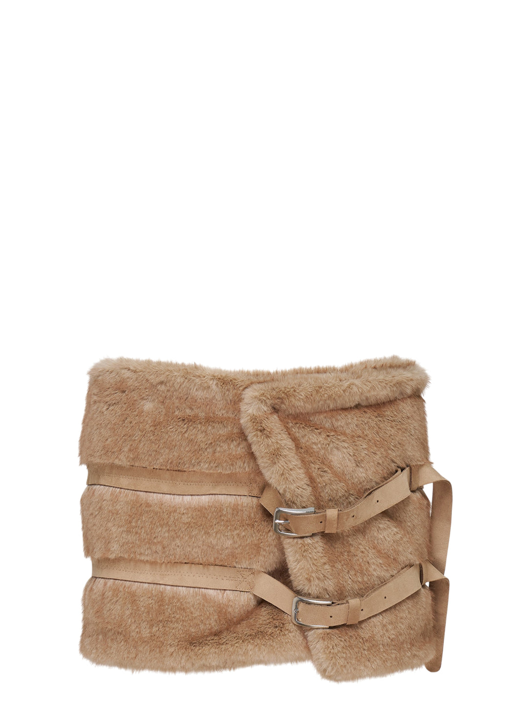 Glowny Fluffy Belt Skirt in camel faux fur with two suede-look straps and silver buckles