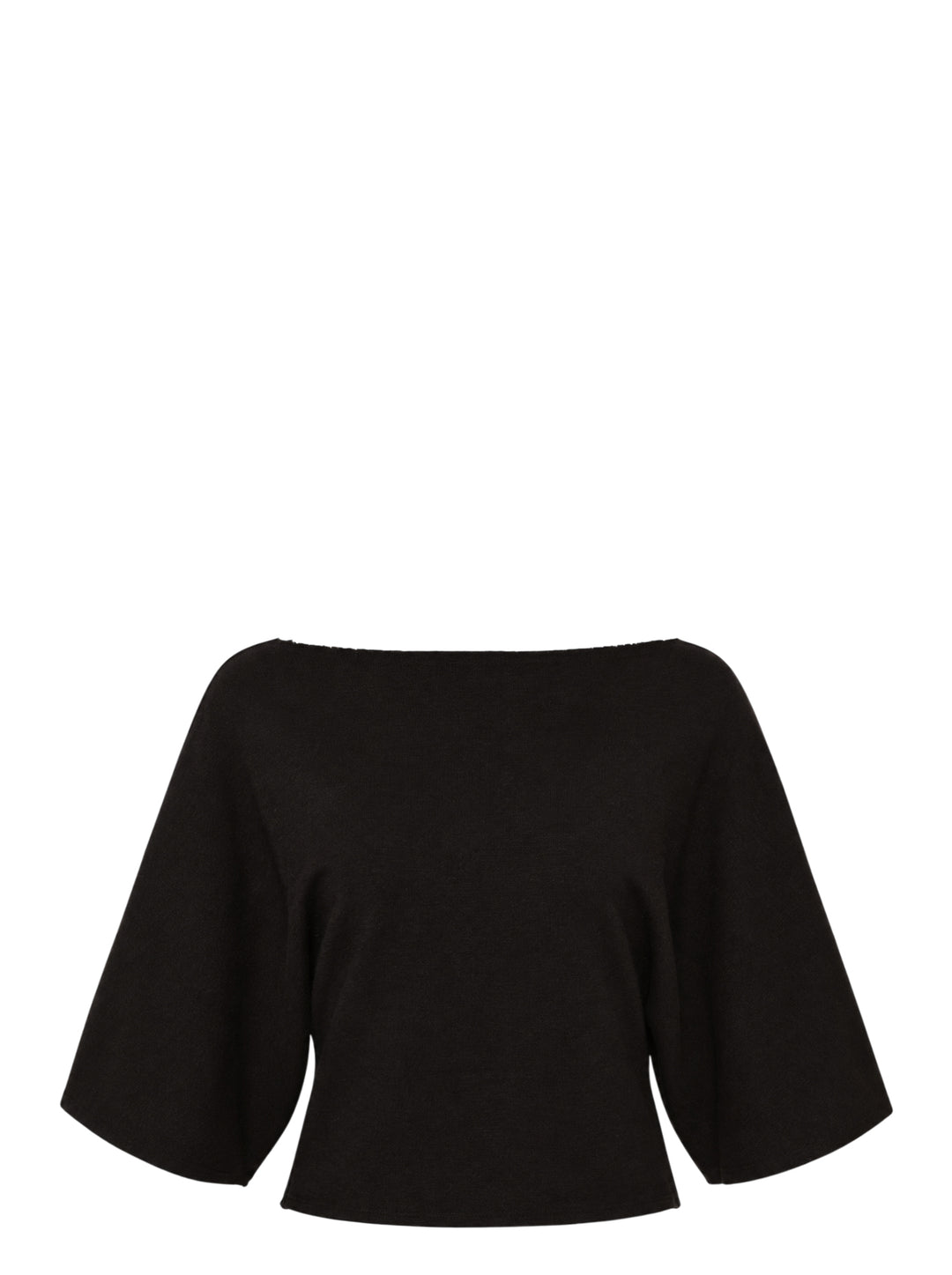 Glowny Melt Sleeve Blouse in black, featuring a wide bateau neckline and dramatic fluted three-quarter sleeves with a cropped silhouette