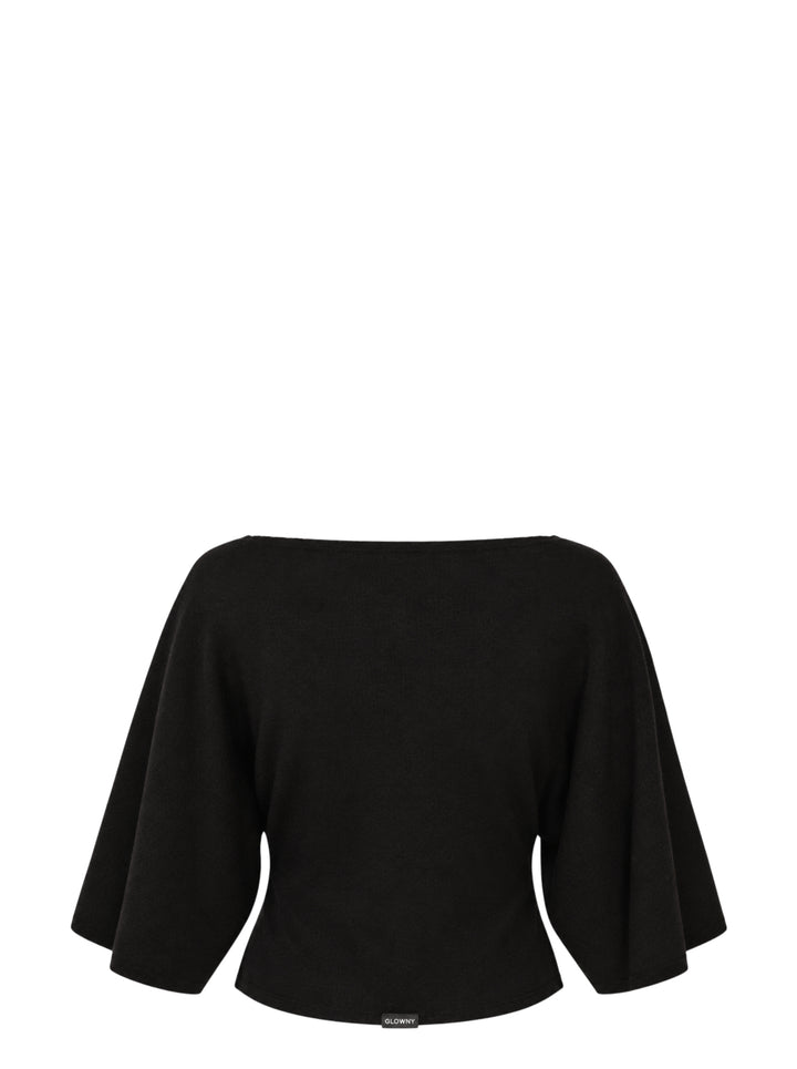 Glowny Melt Sleeve Blouse in black, featuring a wide bateau neckline and dramatic fluted three-quarter sleeves with a cropped silhouette - view 2