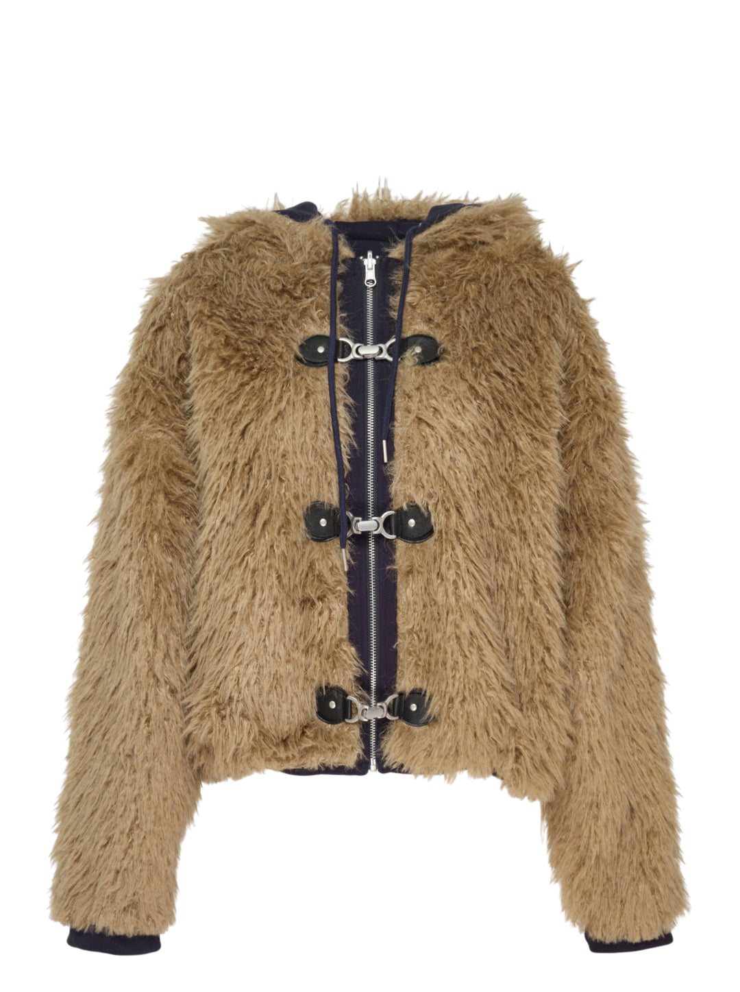 Glowny Flurry Reversible Fur Jacket in camel shaggy faux fur with navy contrast zip placket, toggle buckle closures, hood, and ribbed cuffs