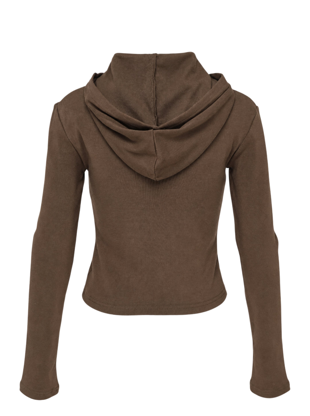 Glowny Comfort Cropped Hoodie in chocolate brown, featuring a fitted silhouette, draped hood, kangaroo pocket with woven brand patch, and long slim sleeves - view 2