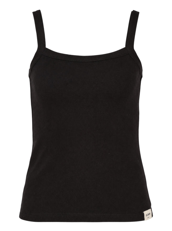 Glowny Classic Tank Top in black, featuring a square neckline, thin straight straps, fitted silhouette, and a woven Glowny label at the hem, photographed flat on a white background