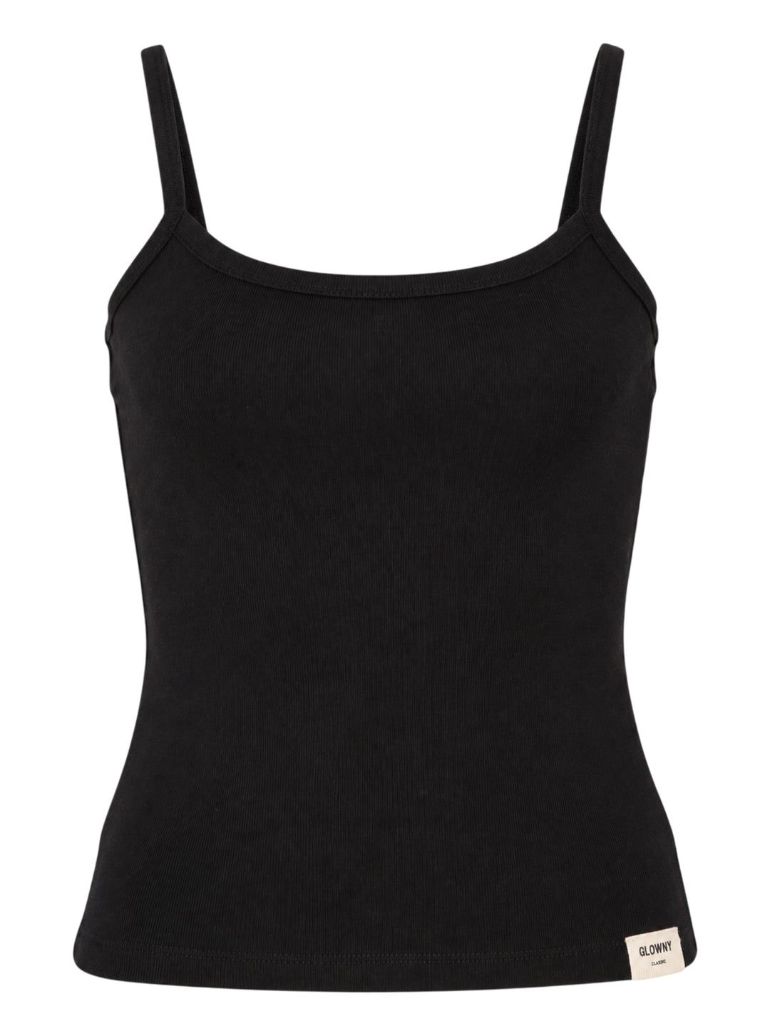 Glowny Classic Camisole in black — fine ribbed fabric, square neckline, thin straps, and woven brand label at the hem, shown on a flat lay against a white background