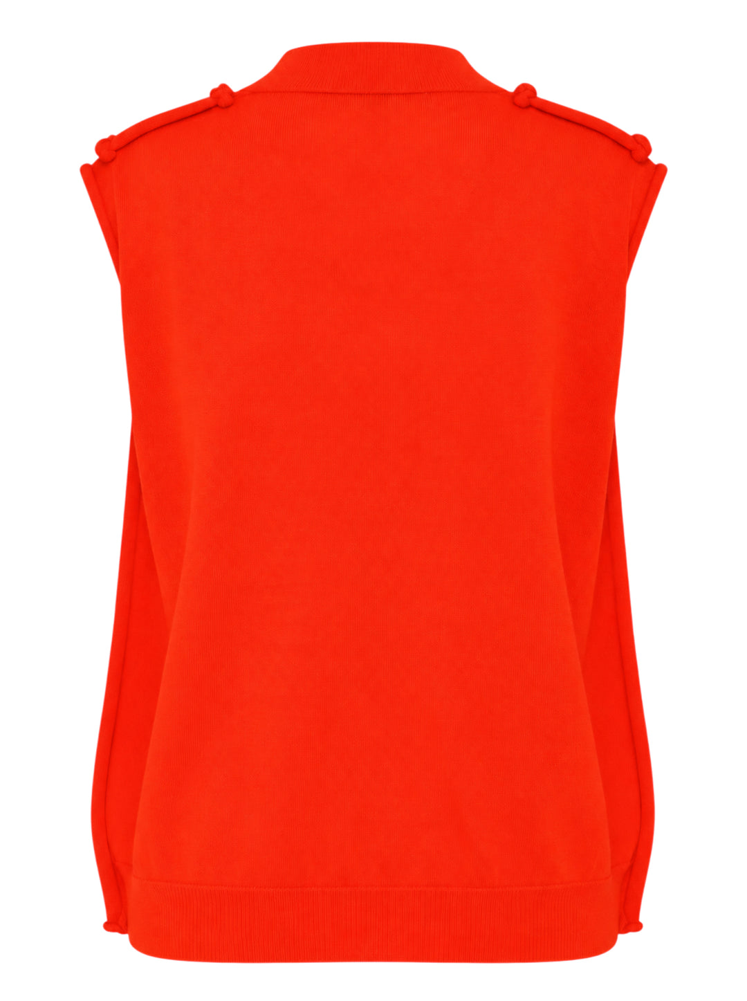 Sofie D'Hoore sleeveless crew neck knit top in bright red-orange with ribbed collar and knotted shoulder details, shown from the front - view 2