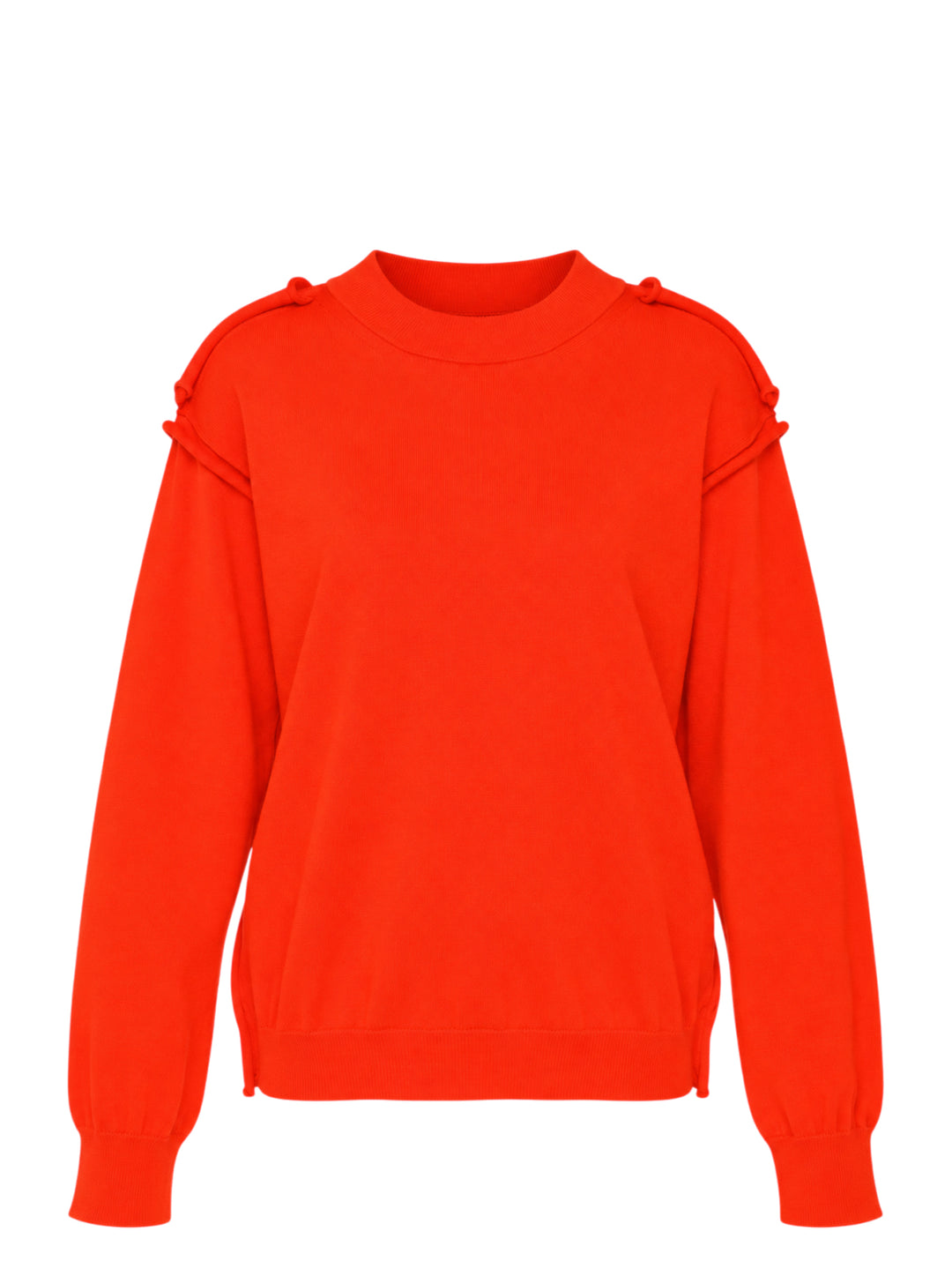Sofie D'Hoore long sleeve crew neck sweater in vivid red-orange with knotted shoulder detailing and ribbed cuffs and hem