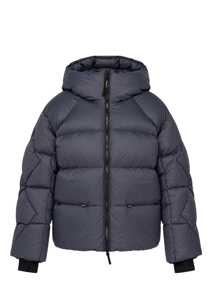 Open YY x Helinox Eclipse Heavy hooded puffer jacket in slate grey with star-quilted sleeves, two-way front zip and hem toggles