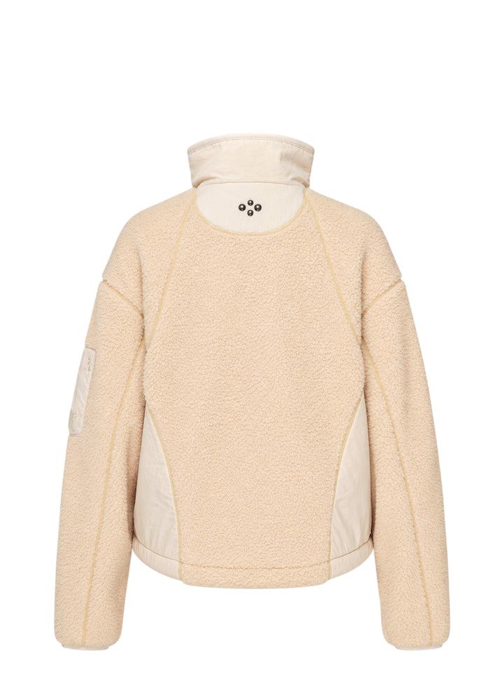 Open YY x Helinox cream sherpa fleece jacket with nylon side panels, stand collar, two-way zip and sleeve utility pocket - view 2